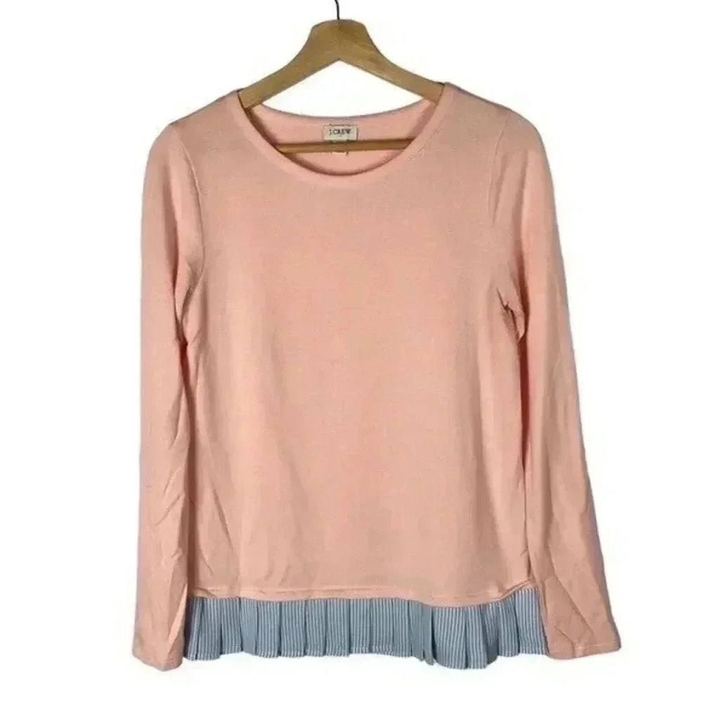 J. Crew Light Pink Boatneck Blue Drapey Pleated Hem Knit Long Sleeve XS